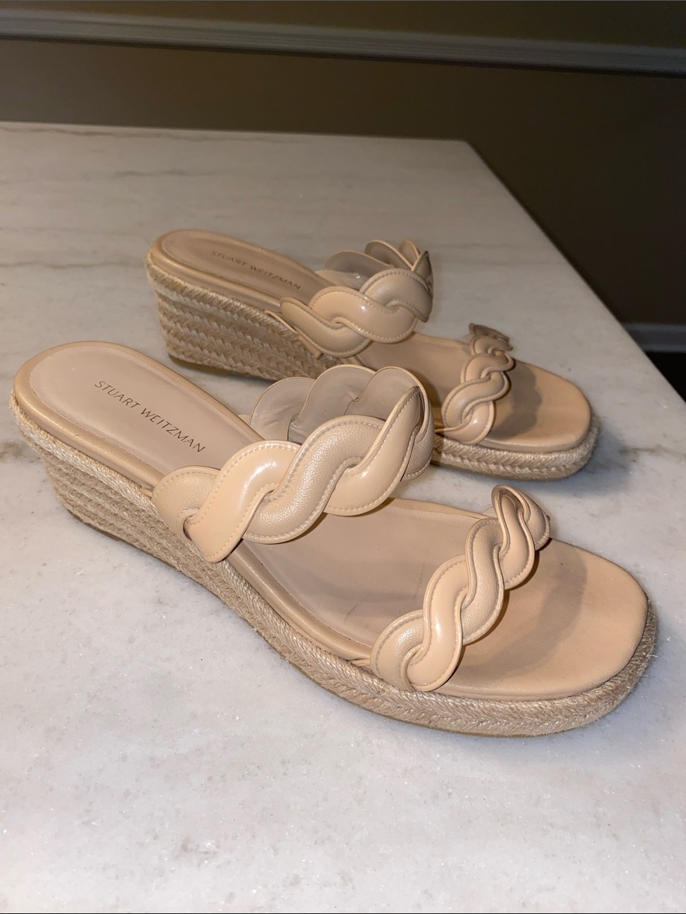 Stuart Weitzman Twist Espadrille Wedge Two Strap Leather Jute Sandals